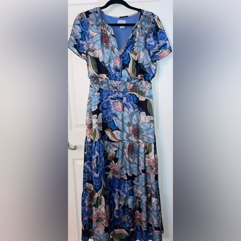 Nicole Miller Blue and Pink Floral Maxi Dress Large